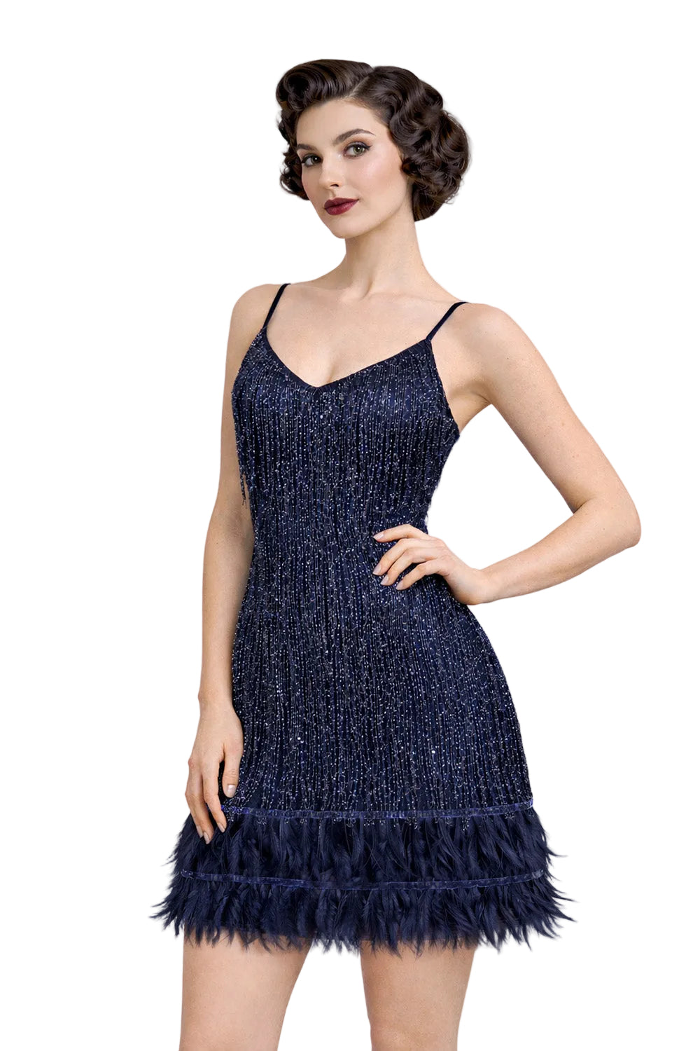 Woman wearing a 1920s Great Gatsby style navy flapper dress