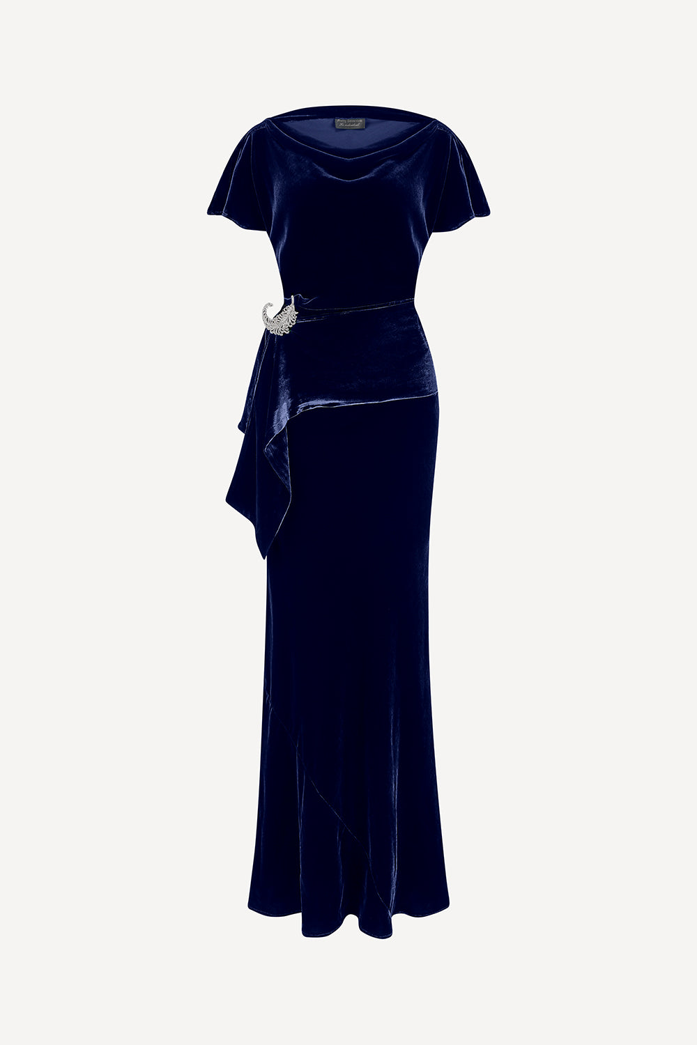 Navy velvet evening gown with a belt on a white background