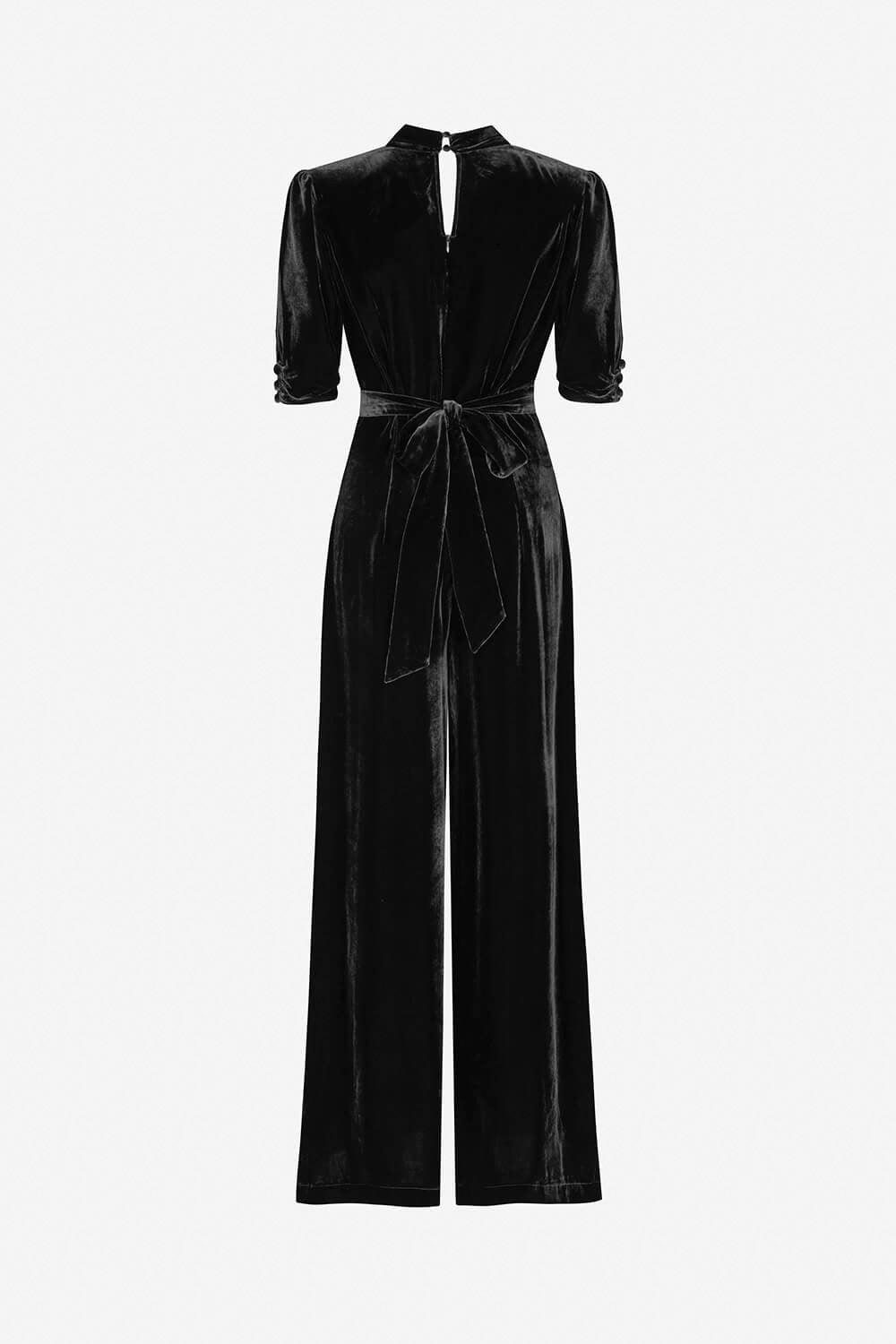 Black velvet jumpsuit on a white background