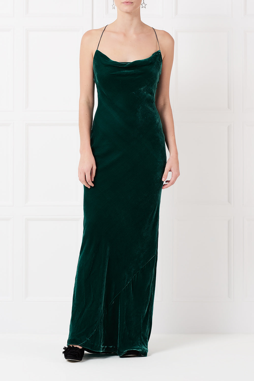 Siren maxi dress in green silk velvet