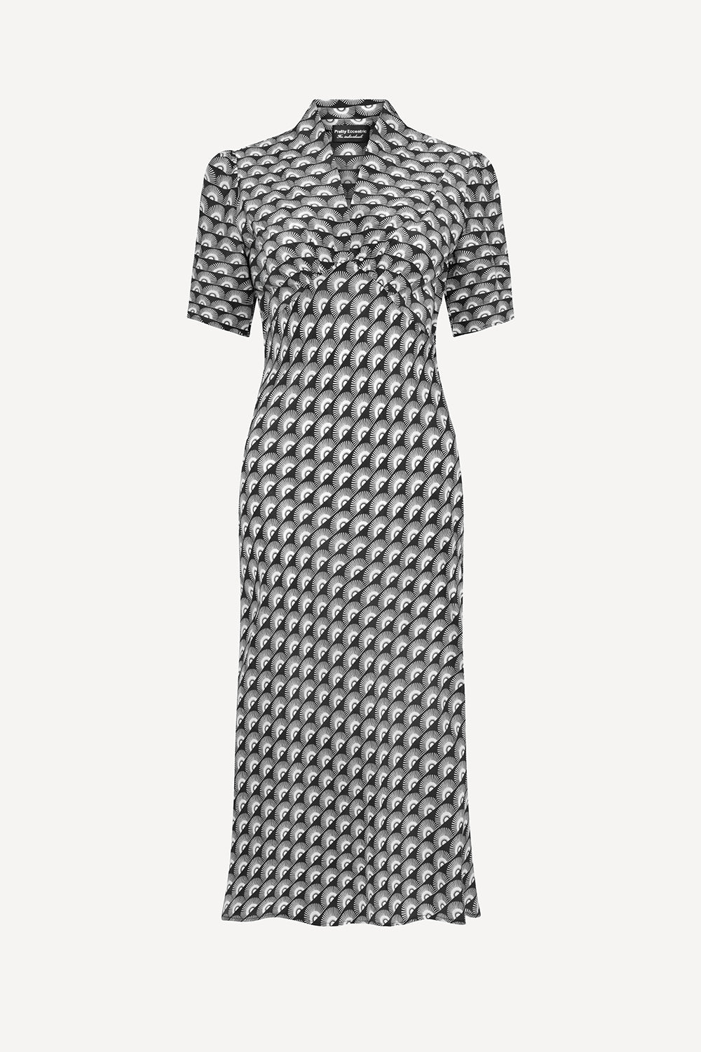 Black and white geometric patterned dress on a white background