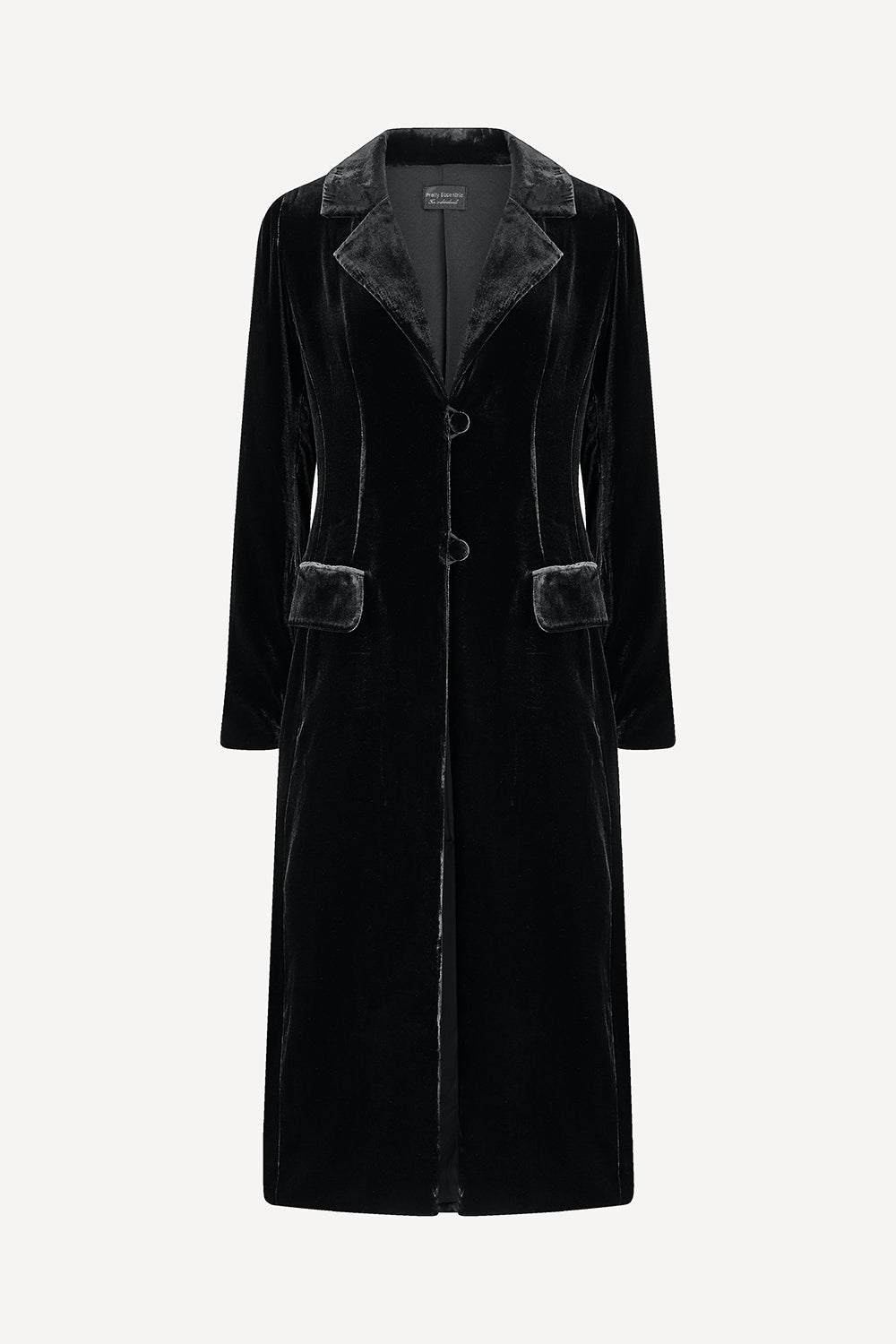 Black velvet womens coat on a white background