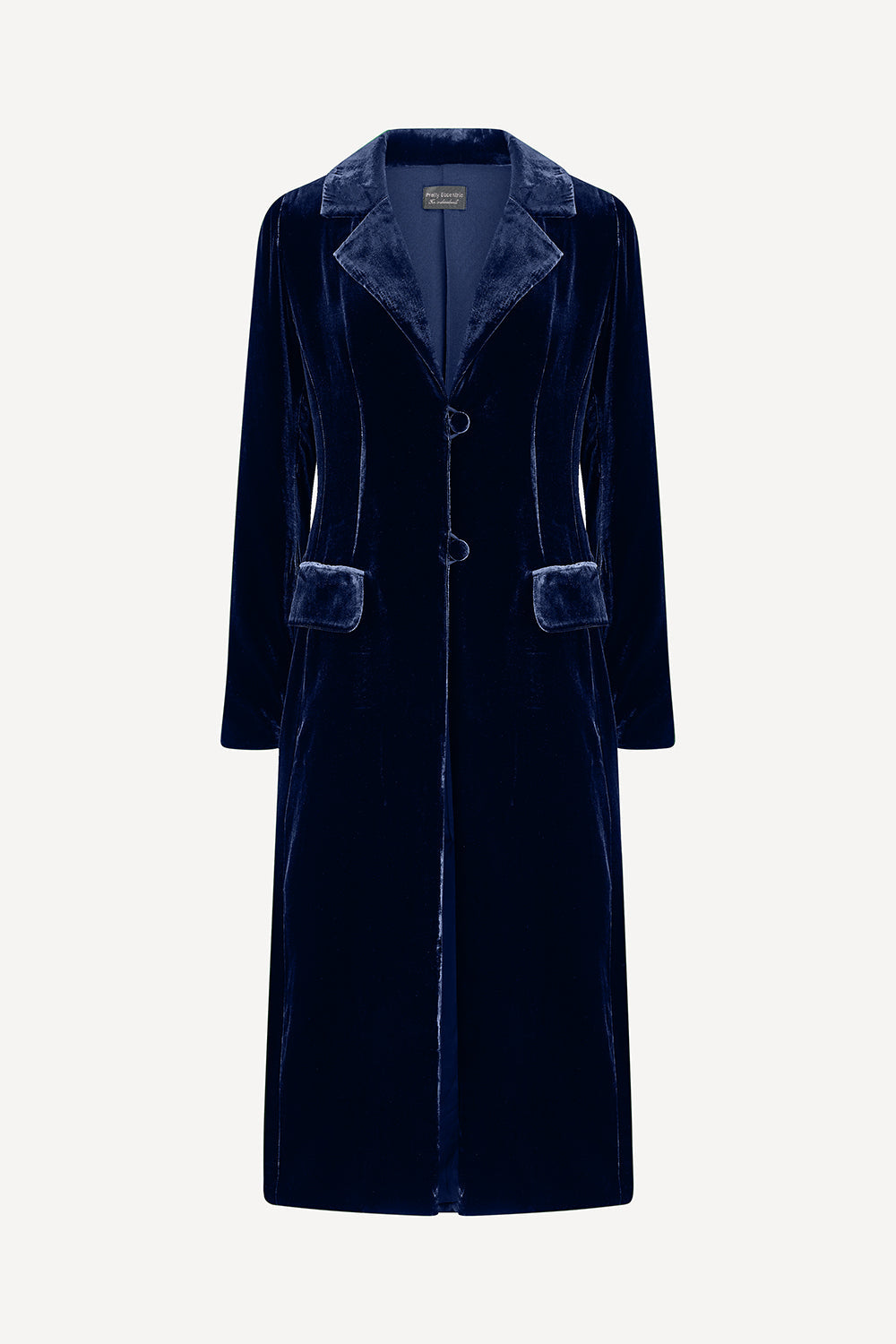 Navy velvet coat for women on a light gray background