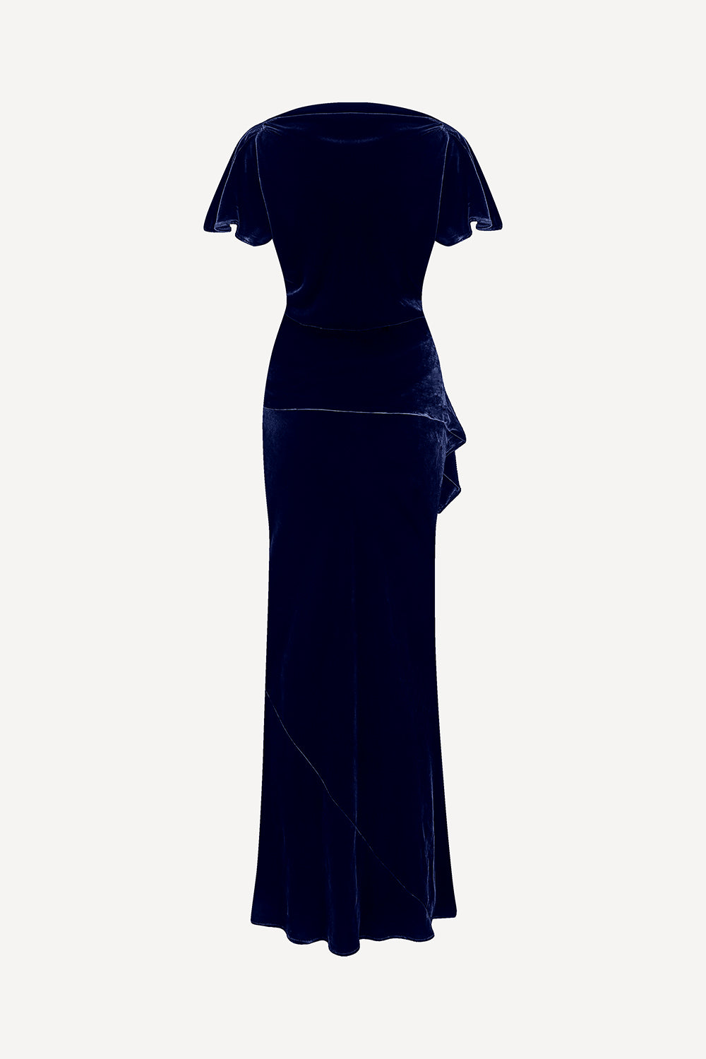 Navy blue velvet dress with a draped effect on a white background