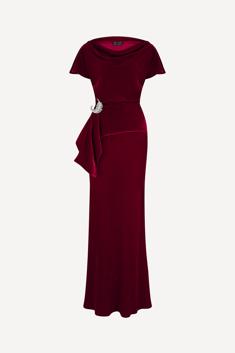 dark red evening gown with a belt on a white background