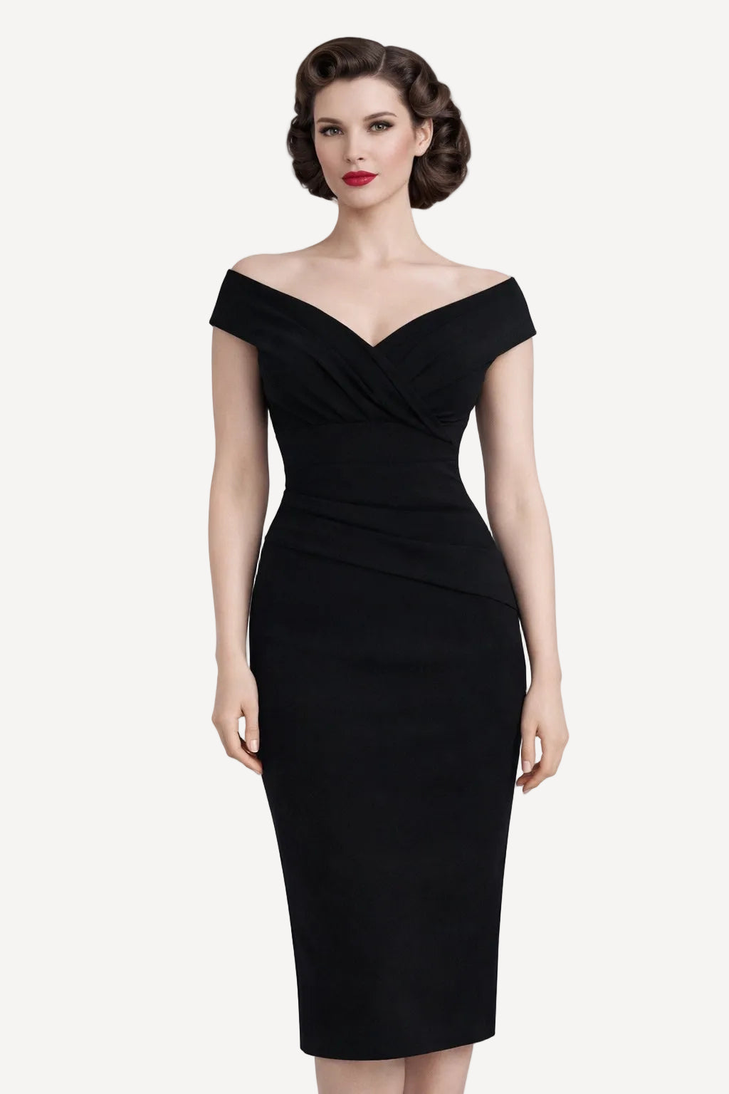 Woman wearing a black off-shoulder 1950s wiggle dress against a light background