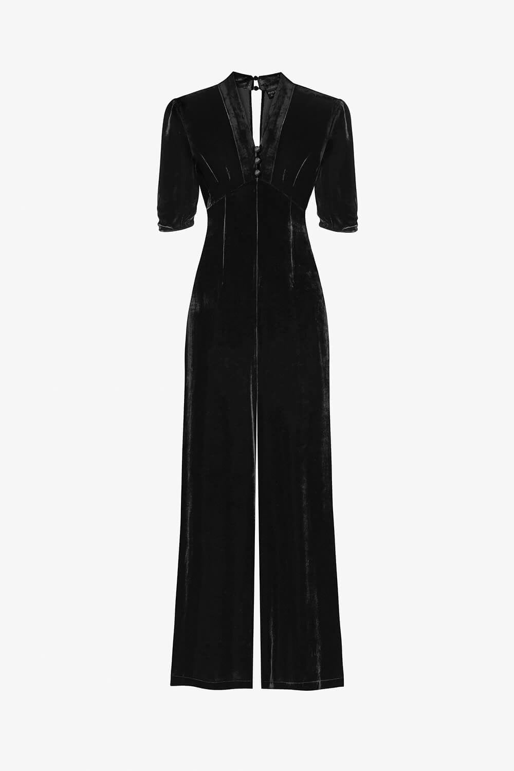 Black velvet jumpsuit on a white background