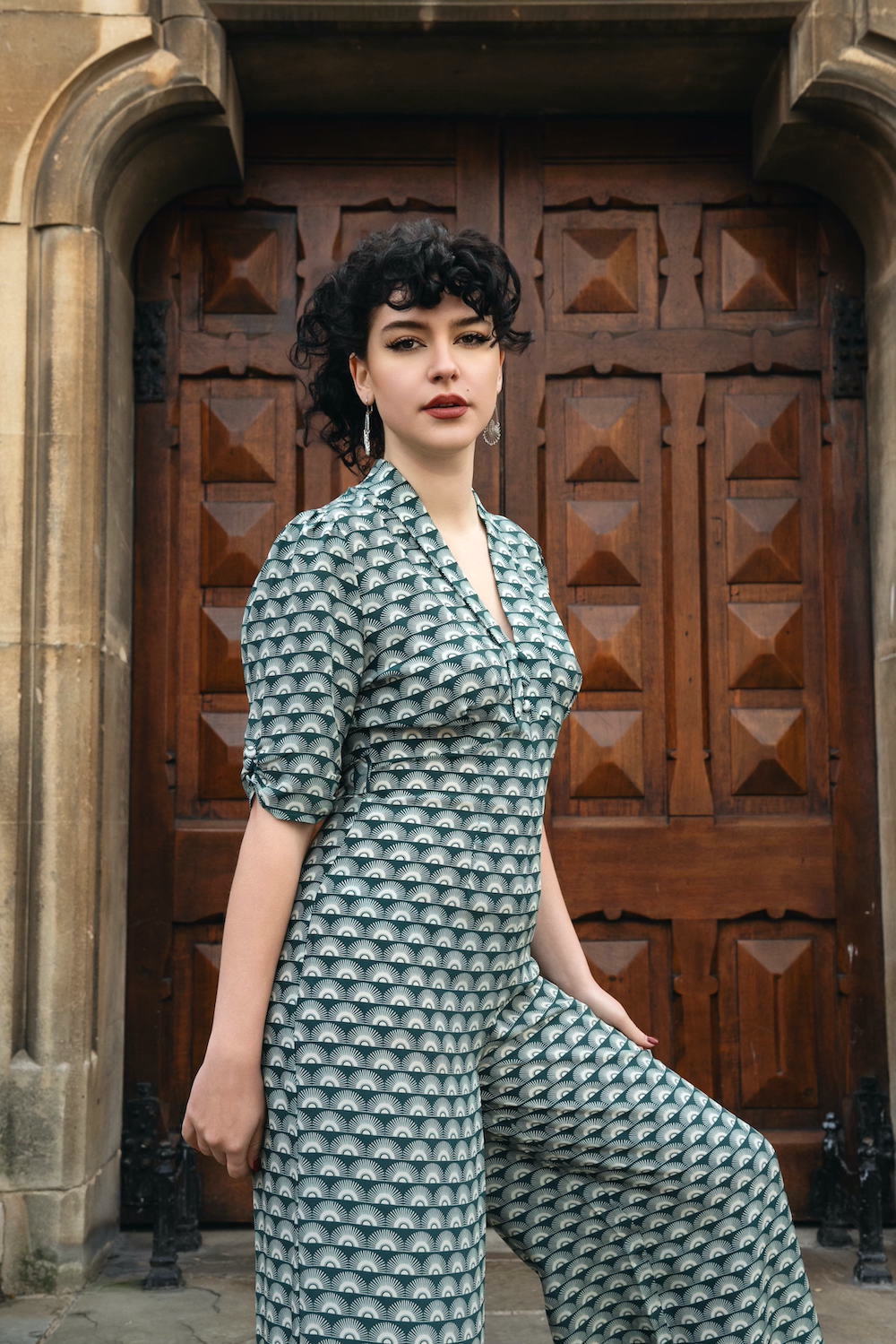 Mabel jumpsuit in green fan print