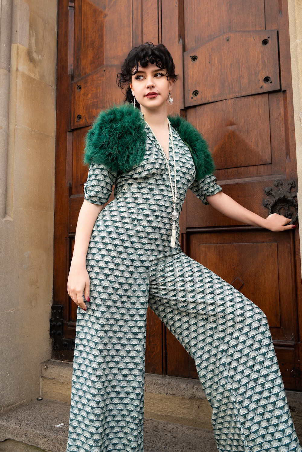 Mabel jumpsuit in green fan print
