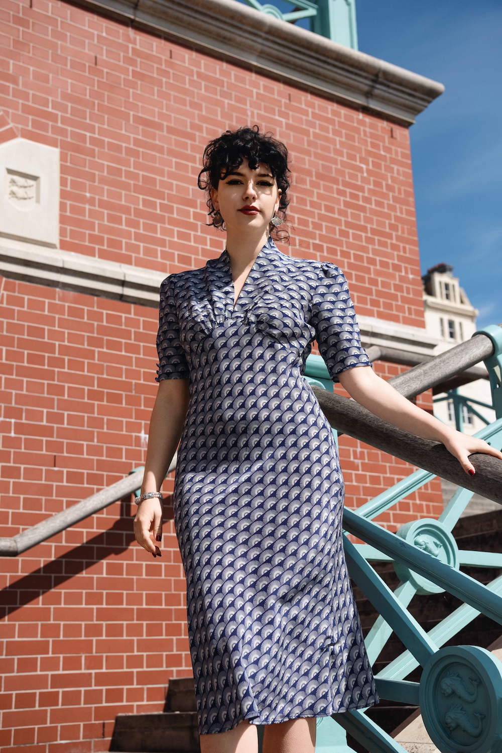 Mabel dress in navy fan print