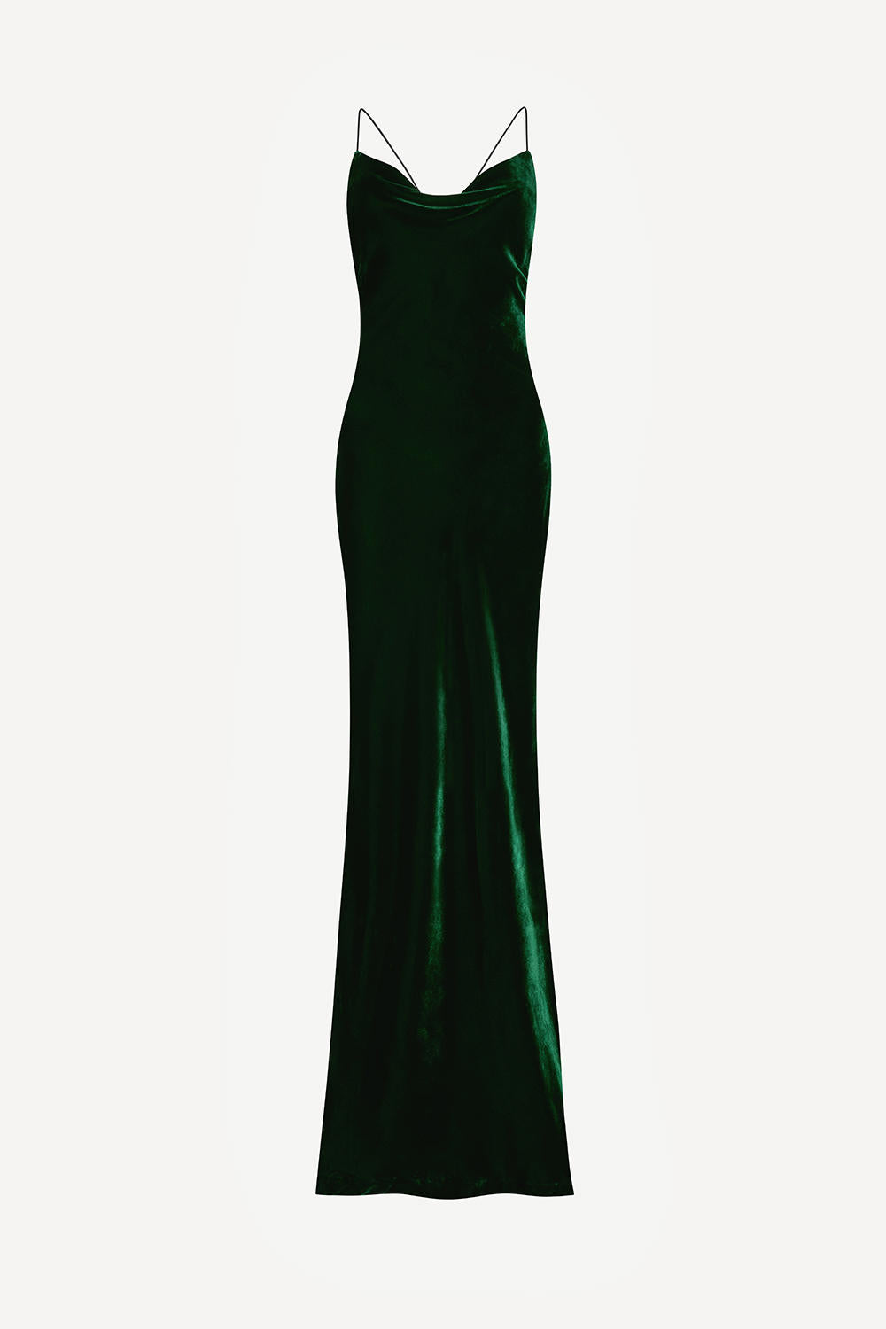 A long green silk velvet dress with a Bias cut design, featuring a low back with slim criss-cross spaghetti straps.